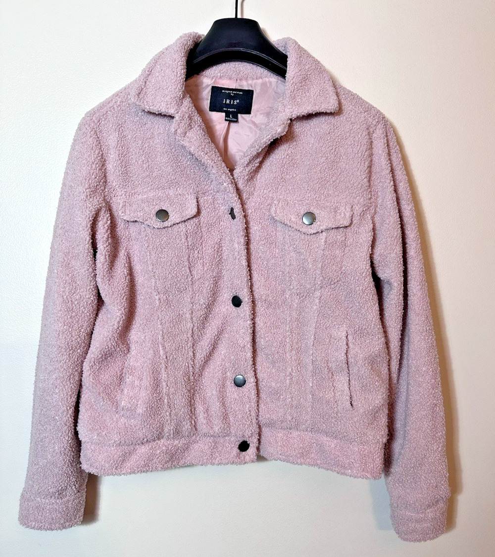 Iris Jacket Womens Large Pink Mauve Faux Shearling Cozy Teddy Trucker Pockets L‎